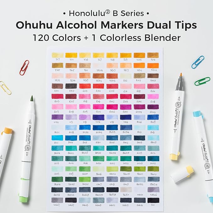 Ohuhu Alcohol Markers Brush Tip - 120-color AP Certificated Double Tipped Art Marker Set for Artist Adults Cozy Coloring Drawing Illustration - Brush and Fine Dual Tips - Honolulu 2B - Refillable