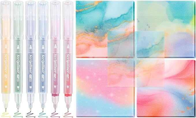 BAYTORY 200 Sheets Transparent Sticky Notes, 6Pcs Double-Ended Colored Marker Pen, 3 x 3 Glitter Clear Sticky Notes, Waterproof Self-Stick Note, Easy to Post for Note Taking (Colorful)