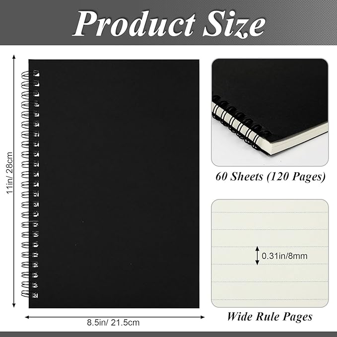 Leelosp 12 Pcs Small Spiral Notebook Lined Spiral Journal College Ruled Notebook Wire Bound Kraft Cover, 120 Pages for Work (Black,8.5 x 11 Inch)