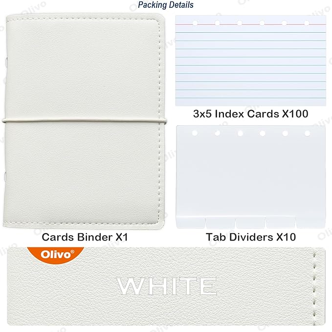Olivo 3x5 Lined Index Cards with Ring Binder Holder and Dividers, 100 Note Cards, White