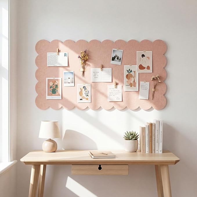 Mooliwe Scalloped Felt Bulletin Board 36 x 18 Inches Foldable Flesh Pink Pin Cork Board Alternative for Wall, 3' x 1.5' Trifold Picture Vision Self Adhesive Bulletin Decorative
