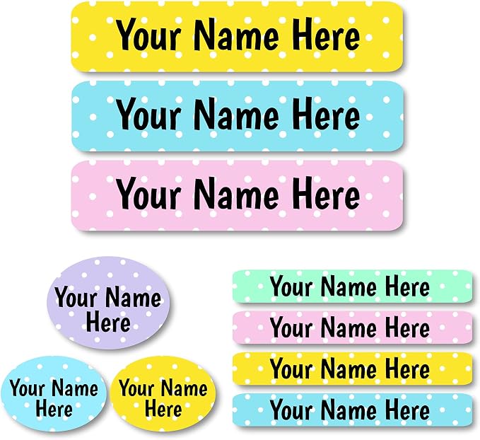 Lovable Labels Personalized Labels for Kids (85 Labels/Pack) - 3 Label Sizes Waterproof Dishwasher Safe Peel & Stick Labels for School Supplies Daycare Camp Clothing (Designer Series Polka-dot)