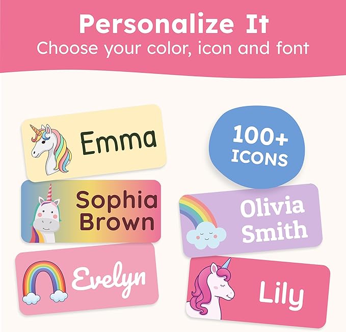 Personalized Name Labels for Kids (70 Labels) - Durable & Waterproof Custom Name Stickers for Clothing Tags, School Supplies, Camp & Daycare - Dreamy Unicorns (1.2”x0.5”)