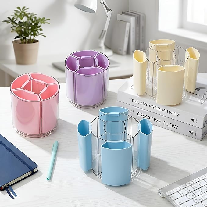 Comix 360° Rotating Pen Holder for Desk, Cute Pencil Holder Pen Organizer, Pink Acrylic Pencil Cup Caddy with 5 Slots for Home School Office Supplies