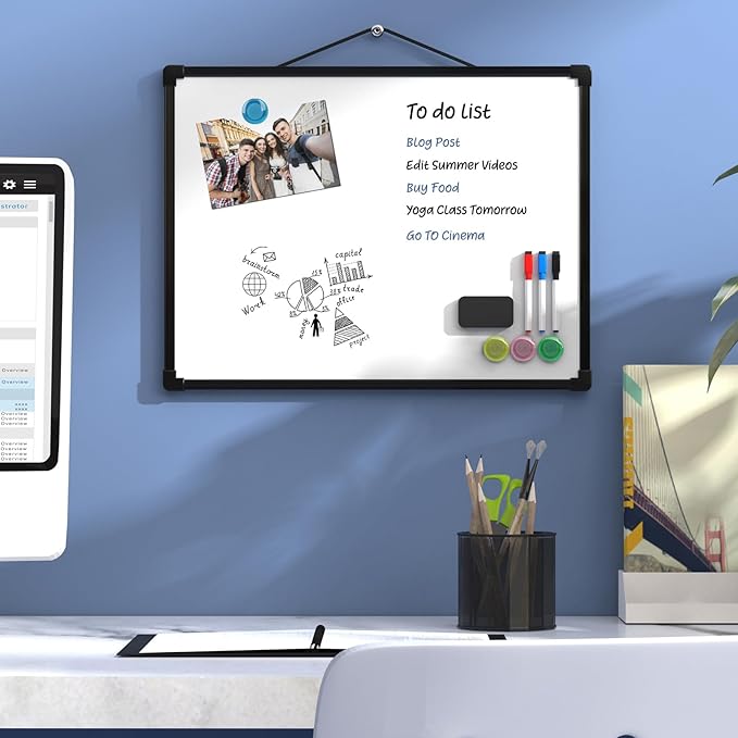 MaxGear Double-Sided Dry Erase Board for Wall, 16"x12" Hanging Whiteboard, Small Dry Erase White Board kit, Portable for Planning, Drawing, Memo, to Do List, Black Frame