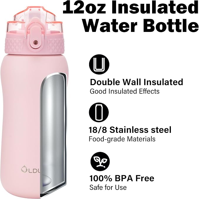 Oldley Insulated Water Bottle 12oz Water Bottles with Straw, Stainless Steel Water Bottle with 2 Lids, Double Wall Vacuum Bottels for Adults Kids, Leak-Proof Sport Bottles for School Travel, Pink