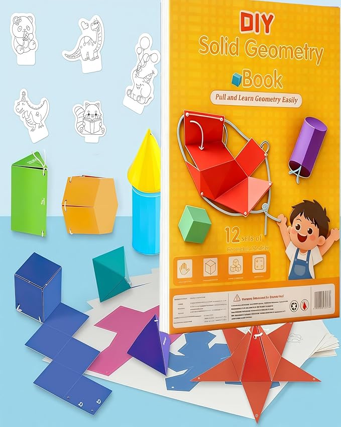 Pull String 3D Geometry Learning Book - Fun Volume & Surface Area Formula Teaching Tool with Braided Rope Design (12-Model Version)