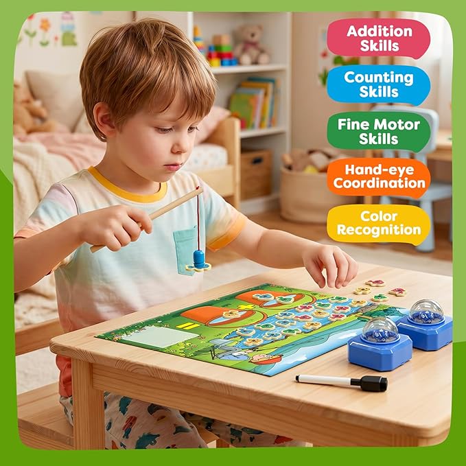 Magnetic Fishing Math Game for Kids 3-5, Montessori Counting Toy with Dice Poppers, Preschool Math Manipulatives Board Game, Addition and Subtraction Dice Game for Homeschool Classroom