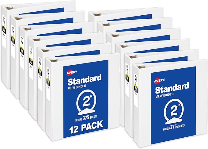 Avery Standard View 3 Ring Binders, 2" Round Rings, 375-Sheet Capacity, 2.8 Inch Wide Spine, White Binders, Ideal for Lightweight Organization and Occasional Referencing (12-Pack of 05731)