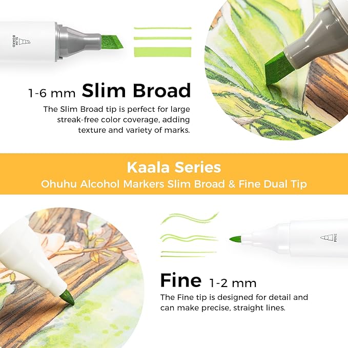 Ohuhu Alcohol Markers 108 Colors: Fine & Slim Broad Chisel Dual Tips Alcohol-based Refillable Art Markers for Artist Adult Coloring Book Illustration Drawing Manga 108 Set- Kaala