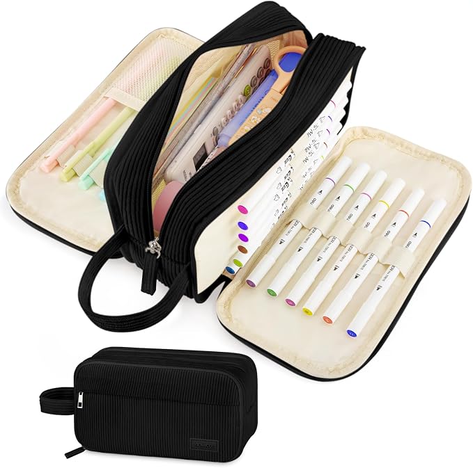 Cute Big Pencil Case Pouch Bag with Handle for Teen Girls Boy Gift | Large Capacity 4 Compartment Multiple Pockets Corduroy Aesthetic Pen Bag Pouch Organizer for School College Supplies,Black