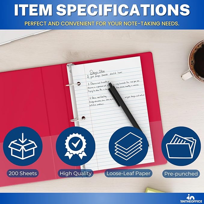 1InTheOffice College Ruled Filler Paper 5.5 x 8.5, 3 Hole Punch Filler Paper, Loose Leaf Paper, White, 200 Sheet/Pack