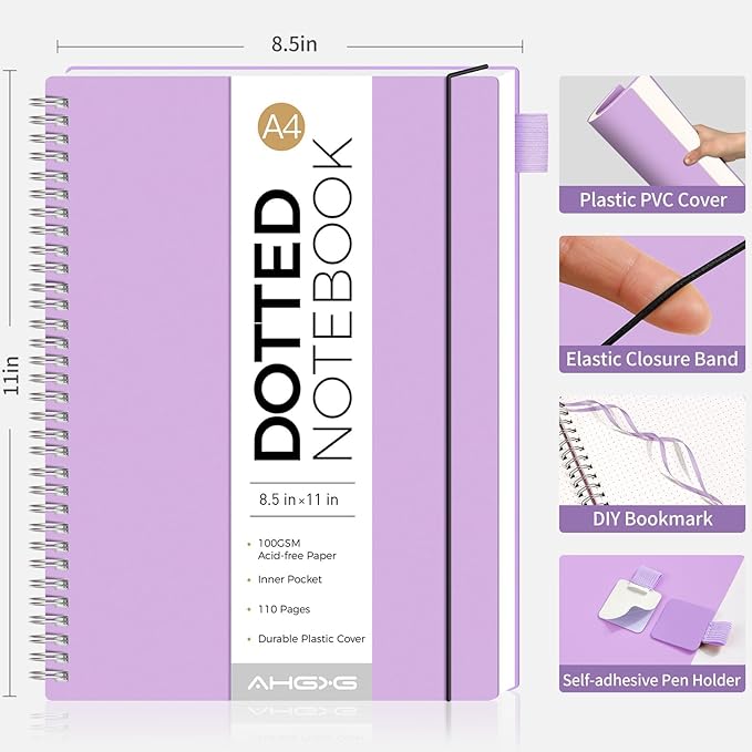 AHGXG Dotted Journal - Dot Grid Spiral Notebook 8.5" x 11", A4 Large Dotted Notebook, 100 GSM Thick Paper, Waterproof Plastic Cover Journals for Journaling, Sketching, Purple