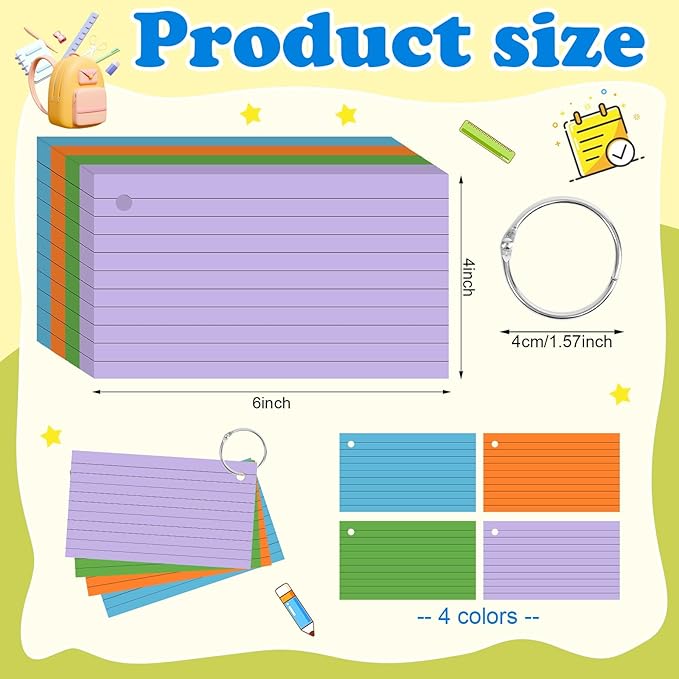 Colored Index Cards 3x5 Inch Flash Cards with Ring Lined Flashcards Heavyweight Note Cards for Studying School Supplies College, 200 Count