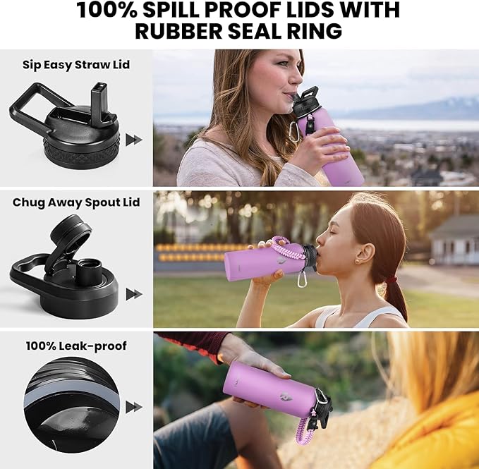 RAYMYLO Insulated Water Bottle 40 oz, Triple Wall Vacuum Stainless Steel (Cold for 36Hrs, Hot for 18Hrs), Leak Proof & Non-BPA, Modern Water Flask Jug with Paracord Handle & Straw Spout Lids