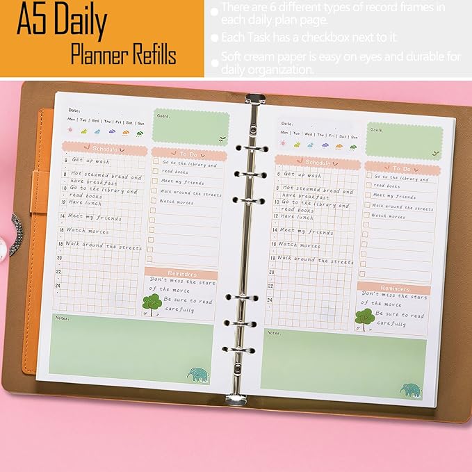 Rancco A5 Planner Inserts Daily Refills, 90 Pages Colorful 6-Ring Loose-leaf Binder Planner Inserts w/Divider, PVC Pouch, Ruler, Index Tab for Journal, Filofax, Double-sided, Undated,8.3x5.6"