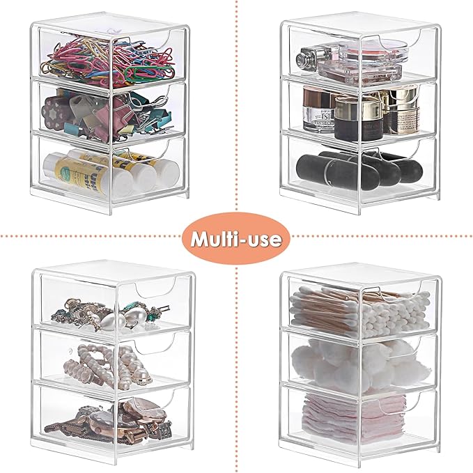 BTSKY 2 Pack Small Acrylic Storage Organizer with Drawers, 3-Layer Clear Desktop Organizer for Office Supplies Mini Storage Box with Drawers for Desk, Desktop Makeup Drawer Jewelry Storage Box