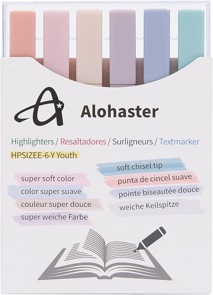 Alohaster HPSIZEE Aesthetic Cute Highlighters Mild Assorted Colors With Soft Chisel Tip, No Bleed Dry Fast Easy to Hold, for Journal Bible Planner Notes School Office Supplies, 6 Pack - Youth