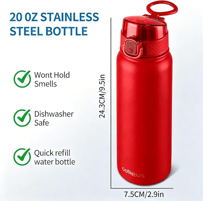 GOPPUS 20 Oz Insulated Stainless Steel Water Bottle BPA-Free Sports Water Bottle, Great for Travel, with Chug Lid - Leak & Sweat Proof with Anti-Dust Lid(Red)
