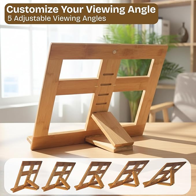 Book Stand for Reading, 3 Clips for Multiple Book Sizes, 5 Adjustable Viewing Angles, Hands Free Book Holder, Portable Stable Hard-Wearing Lightweight Bookstand Textbooks Cookbook