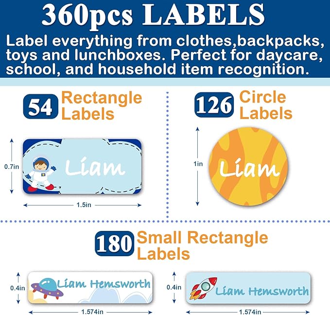 Daycare Name Labels for Kids,360pcs Waterproof & Removable Name Stickers for Water Bottles, Lunch Boxes and School Daycare Name Tag (Space)