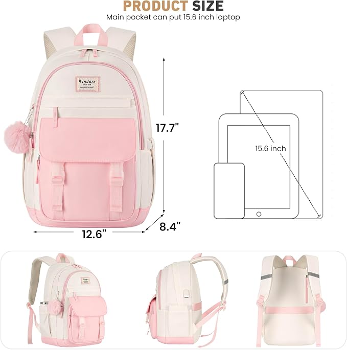 WINDARS School Backpack for Teen Girls, Cute College Backpacks for Women Students Aesthetic Bookbag Large 15.6 Inch Laptop Bag Middle School Travel Back Pack (Pink Beige)