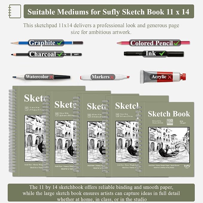 SuFly 11x14 Sketchbook, 100 Sheets Hardcover Sketch Book, 68lb/100gsm Artist Paper, Drawing Books for Teens & Art Gifts.