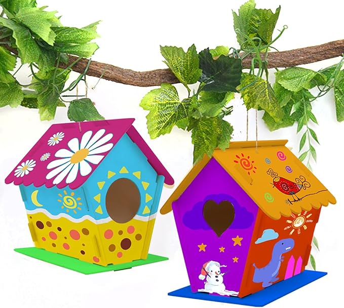hapray 2 Pack Bird House Kit, DIY Birdhouse Kits, Wooden Crafts Arts for Children to Build and Paint (Includes Paints & Brushes) for Kids Girls Boys Toddlers Halloween Gifts