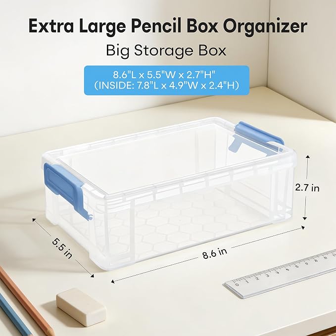 Large Plastic Clear Hart Pencil Box Case For Crayons, Markers, Art Supplies | Hard Pen Case Box With Secure Lid,Stackable Kids Boy Girls Storage Organizer Box For School Classroom Office(Grey)