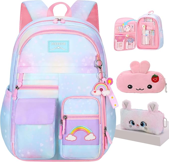 Jcobvig Rainbow Backpack For Girls Kids,Cute Student School Backpack With Pen Bag,Aesthetic Starry Rainbow Laptop Travel Bag