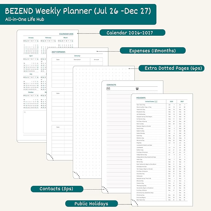 BEZEND Pocket Planner 2026-2027 Weekly and Monthly (3.75" x 6.75" Slim Size) 18-Month Academic Calendar Notebook (Jul 26-Dec 27), Ideal for Students & Professionals, PU Leather Hardcover -Gray
