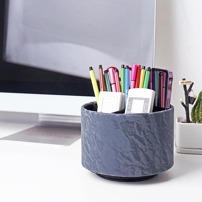 Round Leather Art Supply Organizer,Remote Control Holder,360 Degree Spinning,Multi-Functional Pencil Holder,4 Compartments Desktop Stationary Organizer(1-Hill Blue)