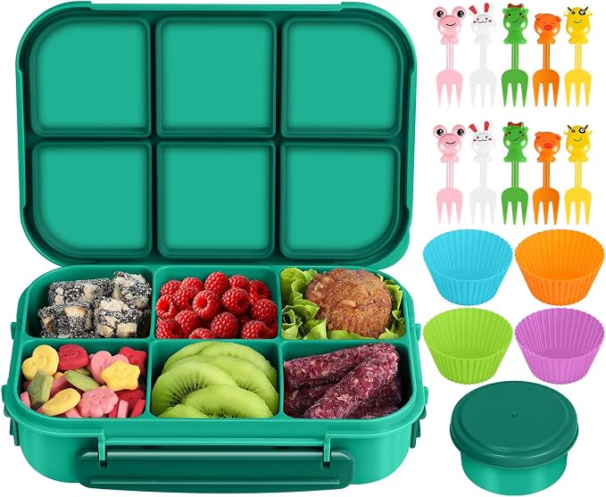 Amathley Lunch Box Kids Girls Boys,Bento Box Adult,Toddler Lunch Containers for School,Leakproof Snack Containers with 6 Compartments,Sauce Container,10 Food Picks and 4 Muffin Cups (Green)