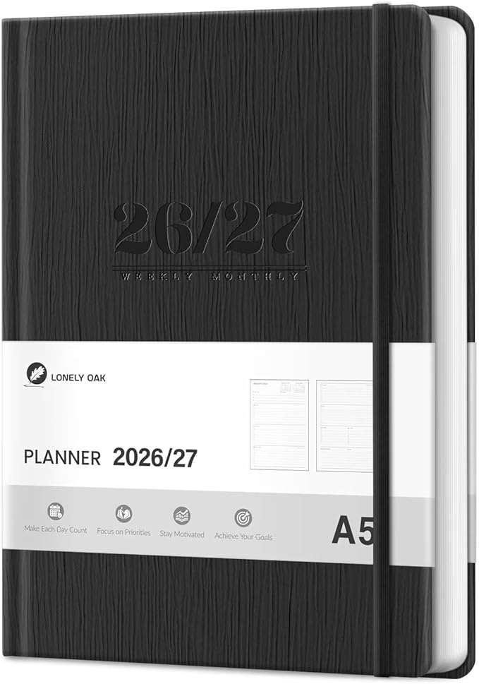 Lonely Oak Academic Planner 2026-2027, A5 Daily Weekly and Monthly Planner 5.75" x 8.4", 13 Months Faux Leather School Year Agenda from Jul.2026 to Jul.2027 for Student and Teacher (Black)