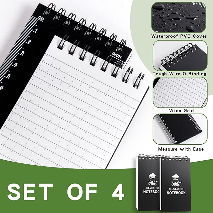 Waterproof Notebook, 4 Pack Pocket Notepad, 3" x 5" Top-Spiral Weatherproof NotePad, All Weather Police Pocket Notebook Mini Memo Steno Note Pads for Outdoor Office School Recording, Black