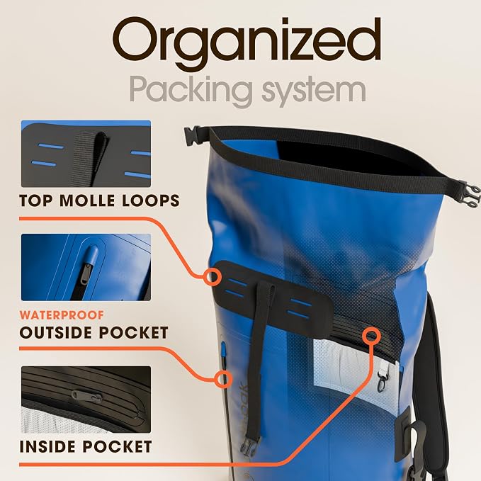 Waterproof Dry Bag Backpack 35L - Kayaking Boating Fishing Rafting Marine | Blue 35L dry bag: 500D PVC, abrasion resistant build, IPX8 phone case for river and lake trips
