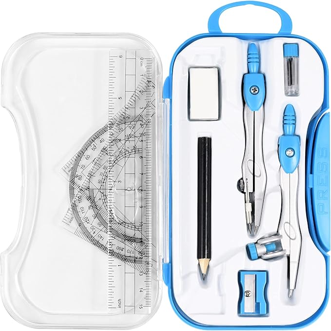 Vobou 10 Pieces Math Geometry Kit Set Student Supplies with Shatterproof Storage Box,Includes Rulers,Protractor,Compass,Eraser,Pencil Sharpener,Lead Refills,Pencil,for School and Drawings（Blue）