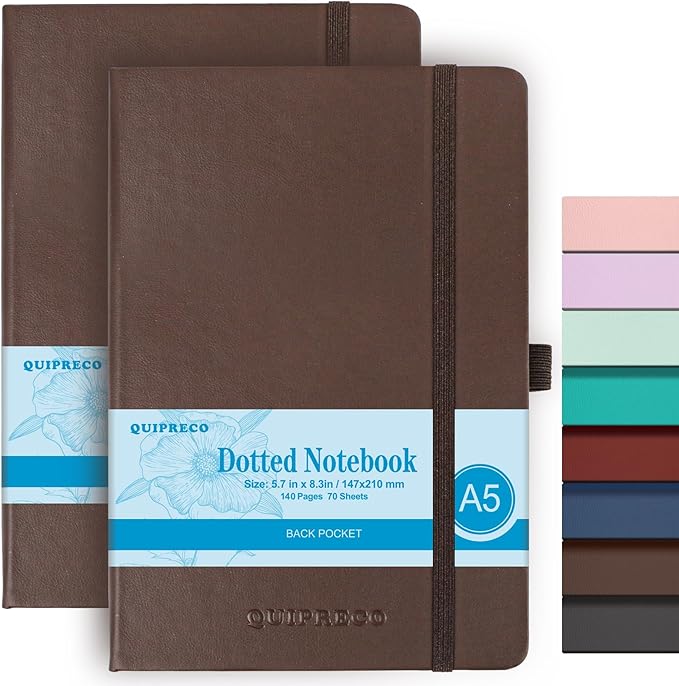 2Pack Bullet Dotted Journal Hardcover Notebook, A5 140 Pages 120Gsm Thick Paper for School,Note Taking,Work,Diary，5.7''*8.3'',Brown