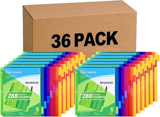 8-Tab Binder Dividers - Index Pockets Divider for 3 Ring Binders, 3-Hole Plastics Sheets Protectors for US Letter Size in 0.5'', 1'', 2'', 3 inch Binders, 8 Colors (XY004) (36 Packs)
