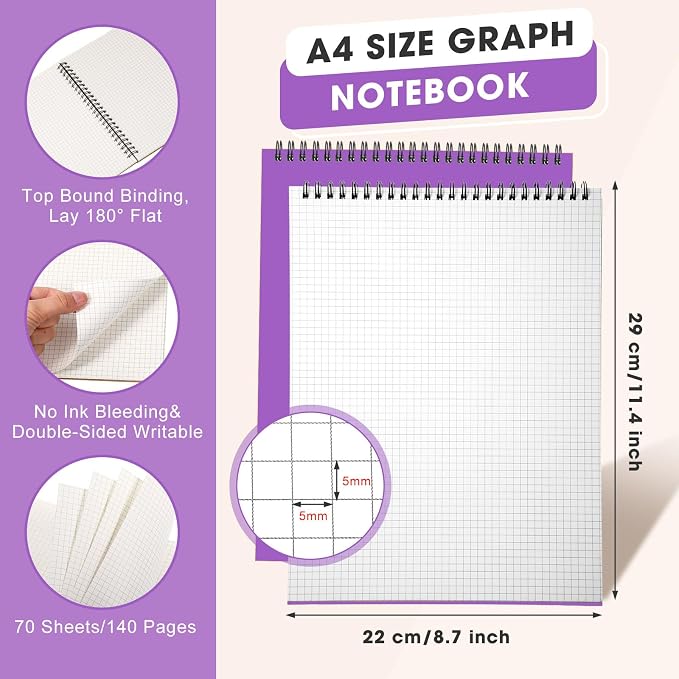Engrowtic Top Spiral Graph Paper Notebook A4 70 Sheet, Purple, 1 Pack