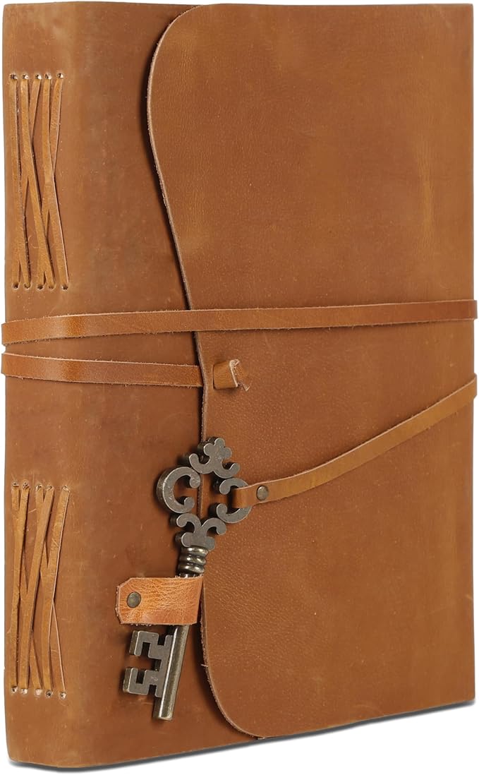 Leather Journal with Deckle Edge Paper 8x6 inch and Vintage Key | Handmade Writing Notebook Diary | Bound Daily Notepad for Men & Women Medium, Sketch/Writing pad for Artists