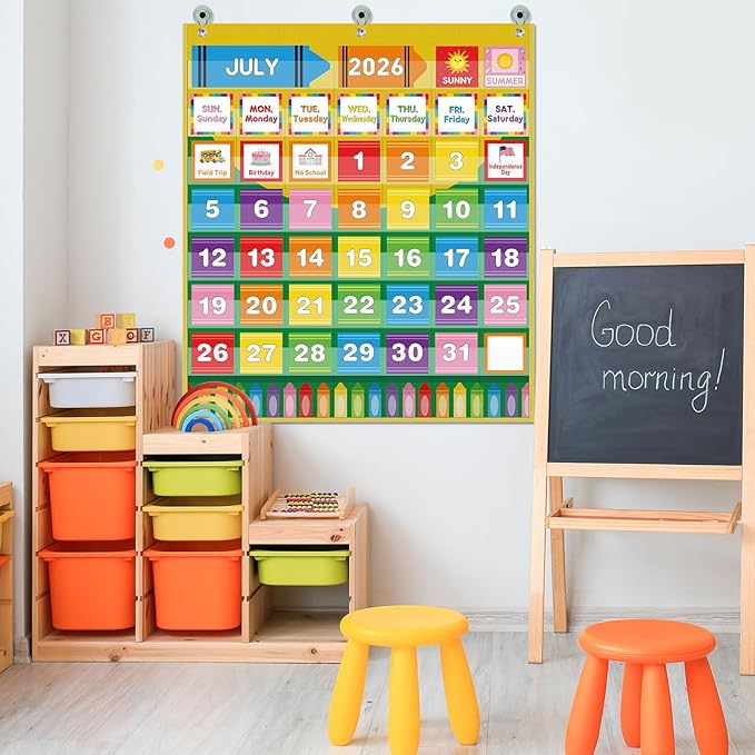 Sinload Classroom Calendar Pocket Chart Set Calendar Bulletin Board Set Seasons Festival Weather Pocket Chart for Classroom Decoration Back to School Supplies(Crayon)