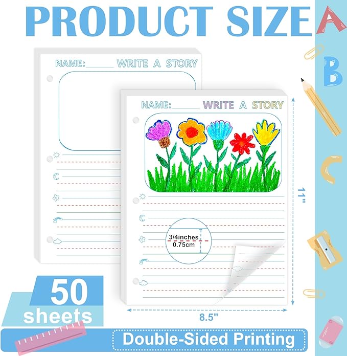 50 Sheets 8.5 x 11" Story Writing Paper for Kids Loose Leaf Draw and Write Paper 3/4" Long Rule Double-Sided K2 Write Story Handwriting Practice Paper Kindergarten Storybook Paper with Lines