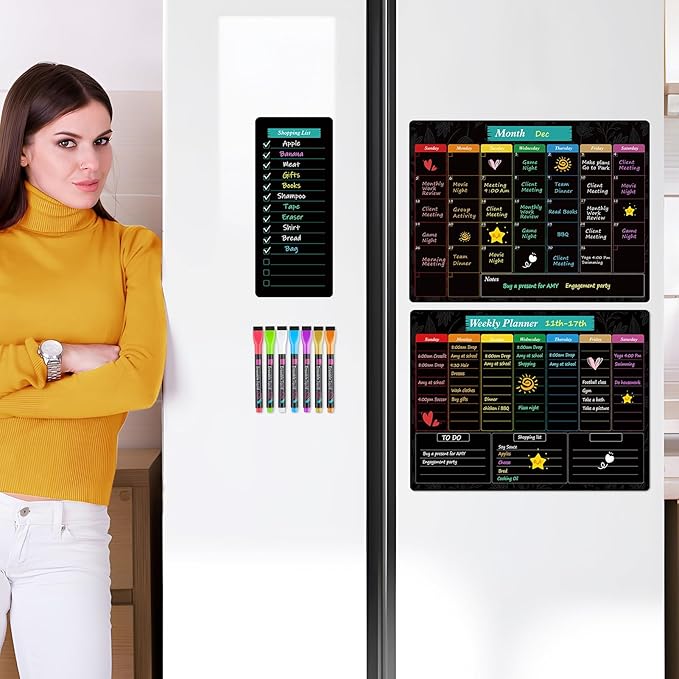 MaxGear Black Magnetic Calendar for Refrigerator, 16x12 Monthly and Weekly Dry Erase Fridge Whiteboard, Menu Schedule Planner Board, to-Do List, Notepad with 7 Markers,1 Eraser, and 1 Shopping List