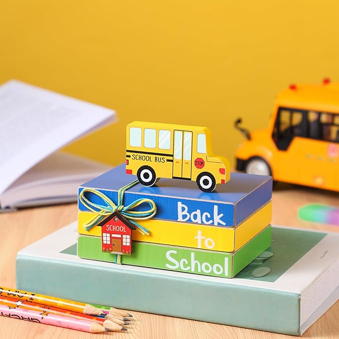 Pinkunn 4 Pcs Back to School Table Decorations School Bus Tiered Tray Decor Mini Bus Wooden Decorative Books Stack Tray First Day Centerpieces Sign for Office Shelf Classroom Tabletop Bookshelf