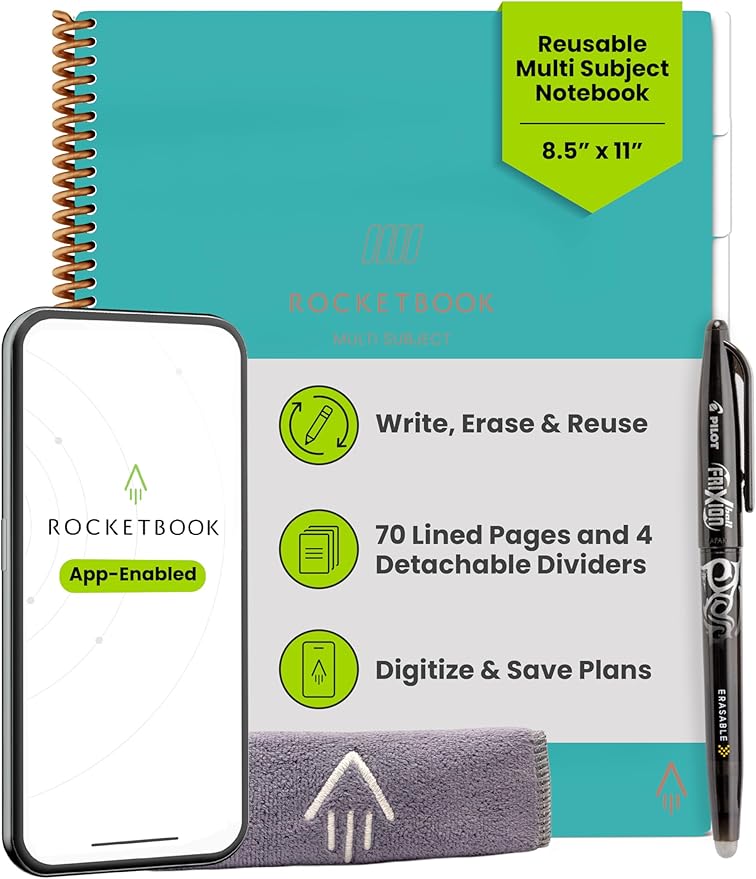 Rocketbook Multi-Subject Reusable Smart Notebook, Notebook For School and Work, 70 Lined Pages Multi-Subject, 4 Adjustable Dividers, Letter Size 8.5x11, Teal