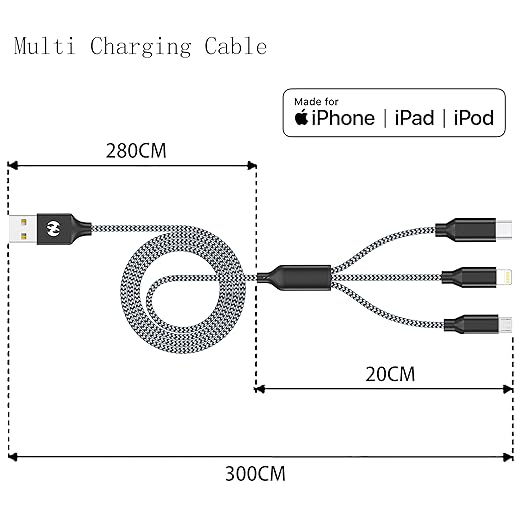 Multi Charging Cable 2ft 2Pack 3 in 1 Charger Cord, Short Multiple Rapid Nylon Braided Cable USB Charging Cable Multi Phone Charger Cord with Type C Micro Lightning USB Connectors for Cell Phones