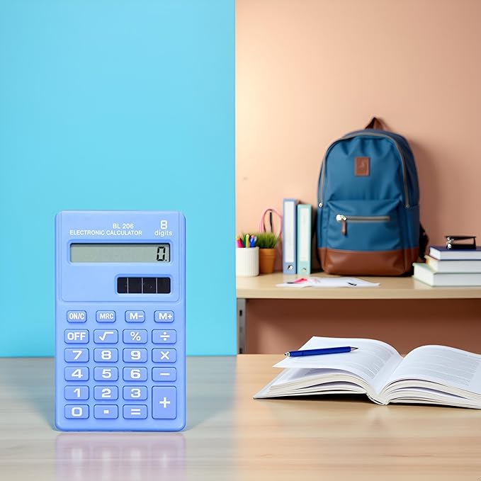 Blue Basic Standard Calculators Mini Digital Desktop Calculator, Solar Power Smart Calculator Pocket Size Basic Office for Home School Office