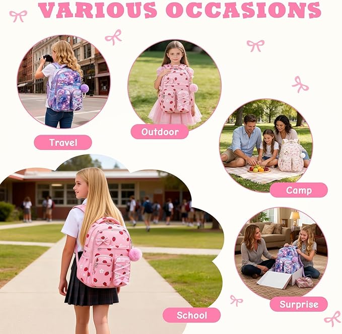 MOONBABY Kids Backpack for Girls, Fits 15.6 Inch Laptop Large Capacity School Bookbag, Girls Backpack with Lovely Pendant, Back to School Bag for Elementary Primary Students Teen Ages 6-12, Beige