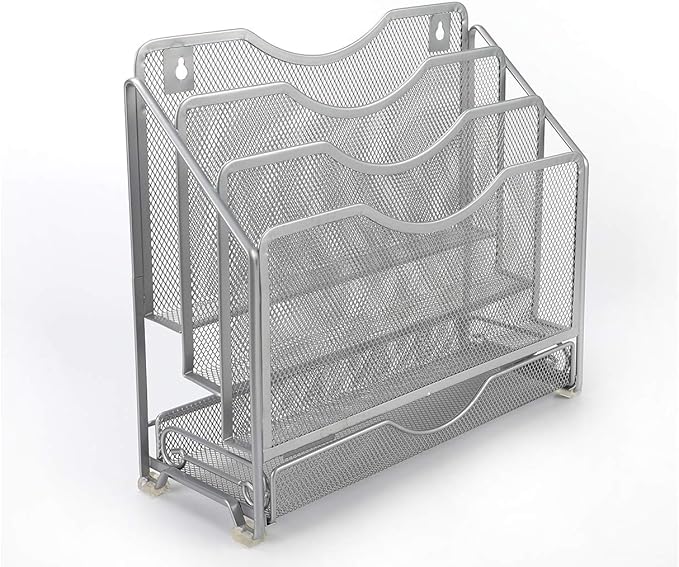 EasyPAG Mesh Desk Paper Organizer Wall Hanging File Holder with 3 Upright File Rack and Sliding Drawer,Silver